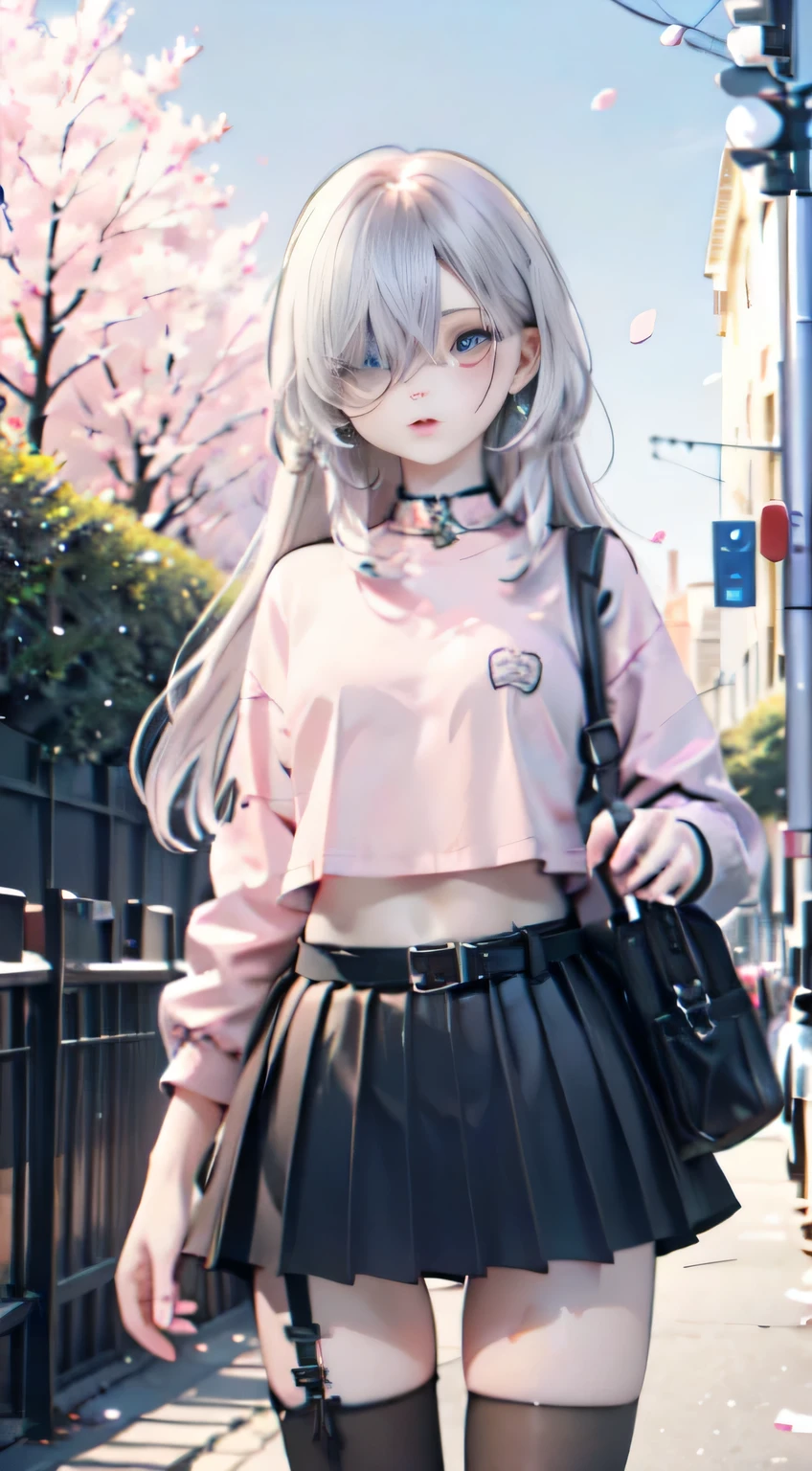 (((obra maestra, mejor calidad, highres, hmeliza, 1girl, hair over one eye, jewelry, single thighhigh, midriff, black skirt, asymmetrical legwear, pink shirt, black thighhighs, belt, miniskirt, standing, cowboy shot, outdoors, filed, flower )))