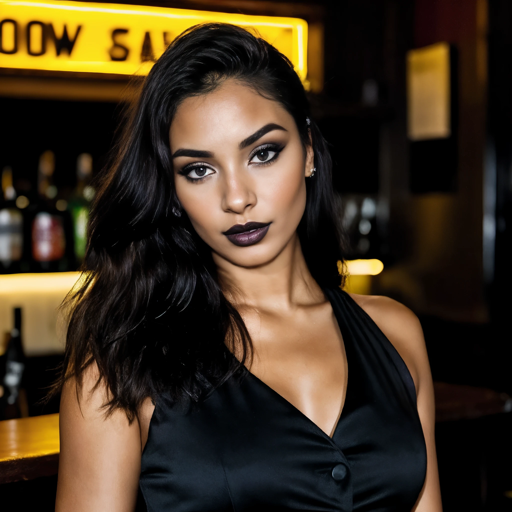 there is a woman that is posing for a picture in a bar, violet myers, dark lipstick, with black glossy lips, black lipstick, sexy girl with dark complexion, the smooth black lioness, dark lips, dark hair and makeup, sultry look, sultry expression, sexy face with full makeup, fierce look, portrait sophie mudd, mid shot portrait