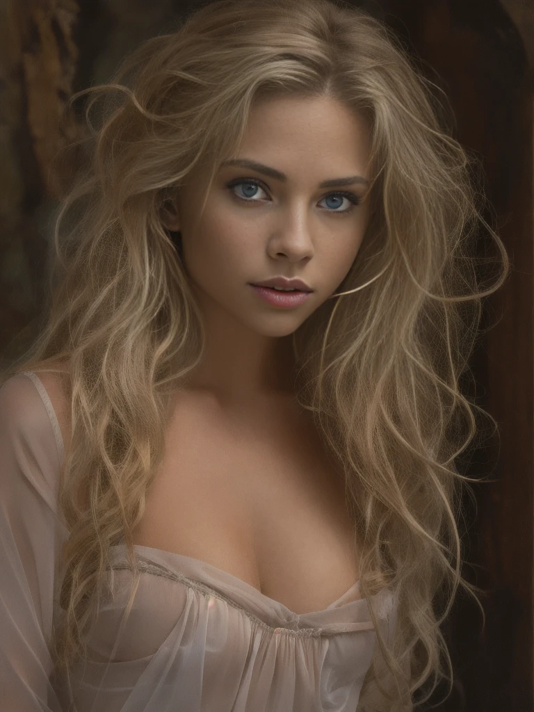 professional, (4k photo:1.1) by (Jeremy Lipking:0.3), (Dittmann Anna:0.3), (Arian Mark:0.3), (Sharp focus:1.3), high detail, beautiful detailed face, hazel eyes, long blonde hair, (attractive young woman:1.3), (completely nude), (seductive:1.1), (blushing:1.1), hourglass body shape, small round breasts,