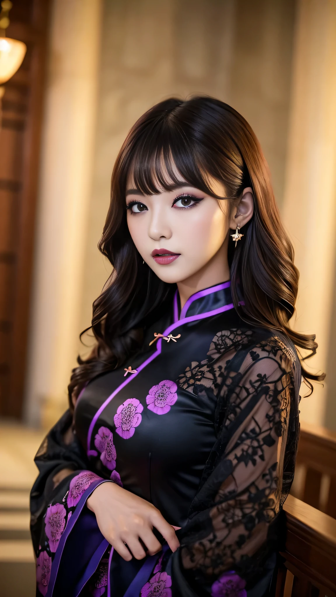 tra-detailed、Japanese、Attractive beauty、seductive adult woman、Pretty Woman、cool girl、brown hair、wavy hair、swept bangs、piercing eyes、hollow eyes、half-closed eyes、Hollow Eyes、Purple Eyeshadow、black lipstick、black lip gloss、dark makeup、smirk、Whisper in my ear、Evil expression、Long Black Cheongsam、Wide sleeves、Evil cadres、Fallen into evil、brainwash、mind control、evil、Church at night、Swear allegiance、