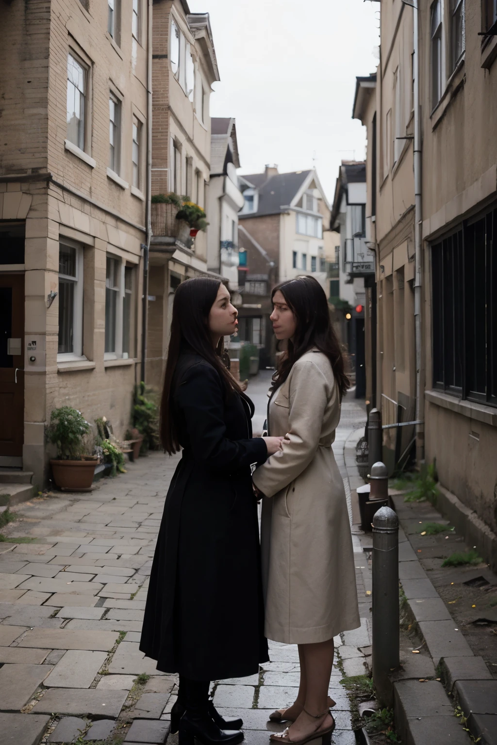 The woman named Narcissa gained the top of the bank, where a
line of old railings separated the river from a narrow, cobbled street.
The other woman, Bella, followed at once. Side by side they stood
looking across the road at the rows and rows of dilapidated brick
houses, their windows dull and blind in the darkness.