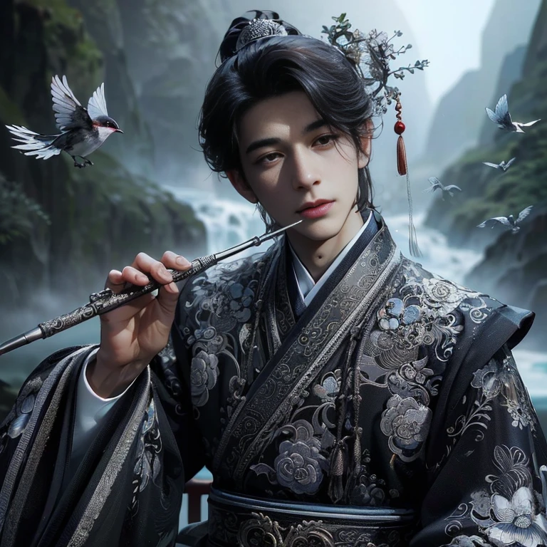 (Best Quality:1.2), (high resolution:1.2), (beautiful face and eye:1.2), (sharpest focus:1.2), (Ultra-realistic Photo:1.2), (Ultra-precise Photo:1.2), (Depth of field:1.2), (8k high resolution:1.2), (perfect anatomy:1.2), (nice hands:1.5),
(perfect hands:1.5), (Very young and masculine and dignified and beautiful Chinese male:1.5), (Beautiful nobleman:1.0), (A beautiful nobleman:1.0), (A shiny black hermit-like garment with fancy embroidery:1.0), (A gentle smile:1.3),
(Playing an iron flute:1.5), (A secluded hermit-like place deep in the mountains of China:1.0), (A mysterious fairyland:1.2), (Birds and animals gathered to listen to the sound of the flute:1.3), (Looking up angle:1.0),