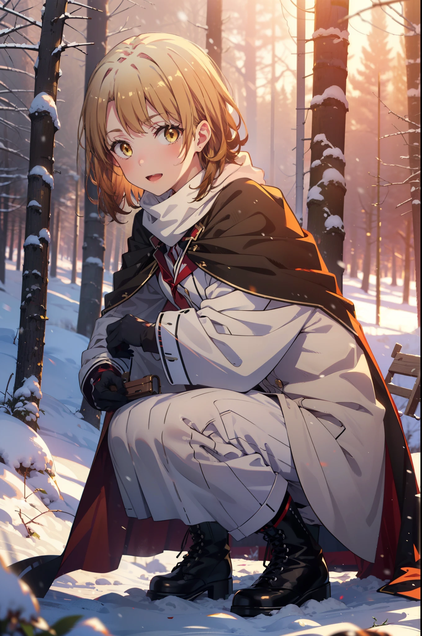 irohaisshiki, iroha isshiki, short hair, brown hair, (Brown eyes:1.5), smile,
Open your mouth,snow, fire, Outdoor, boots, snowing, From the side, wood, suitcase, Cape, Blurred, Food up, forest, gloves, nature, Brown eyes, red gloves, Squat, Mouth closed, フードed Cape, winter, Written boundary depth, Black shoes, red Cape break looking at viewer, Upper Body, whole body, break Outdoor, forest, nature, break (masterpiece:1.2), highest quality, High resolution, unity 8k wallpaper, (shape:0.8), (Fine and beautiful eyes:1.6), Highly detailed face, Perfect lighting, Highly detailed CG, (Perfect hands, Perfect Anatomy),