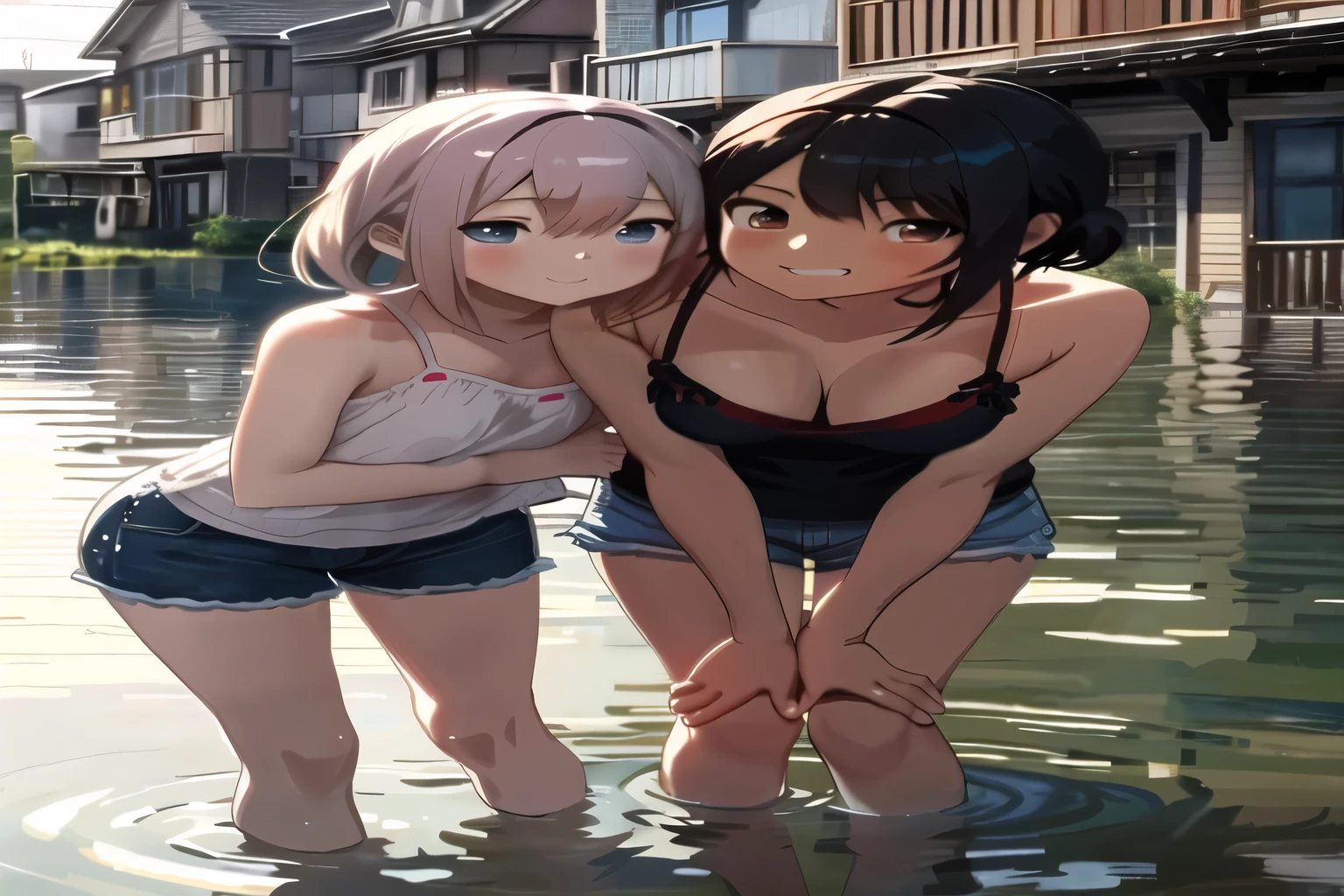 Anime girls in the water with their hands in their pockets, artwork in the style of Strong, two beautiful Anime girls, Strong, Strong and makoto shinkai, Strong on pixiv artstation, In a lake, Anime girls, Strong on artstation pixiv, Ertugrum and Ati Ghilan