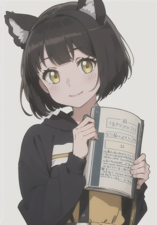 //
[(White Background:1.5)::5],
//
(alone:1.2),One girl,Little,smile,Open your mouth,close your eyes,Gray Hair,low twin tails, bear ears, whole body, Are standing,(Yellow animal costume:1.2), put on the hood, at home,growing up,Bookhelves, Cat, Book, cup, clock,