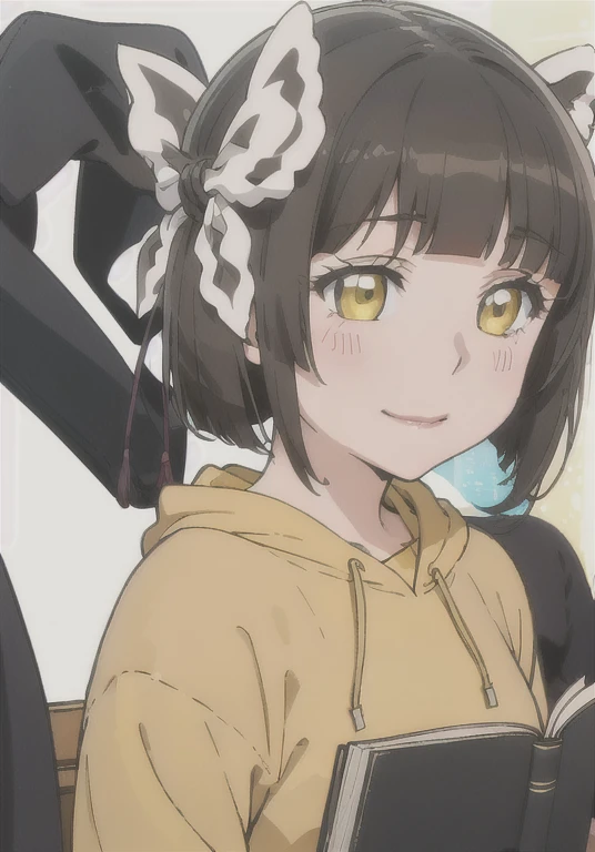 //
[(White Background:1.5)::5],
//
(alone:1.2),One girl,Little,smile,Open your mouth,close your eyes,Gray Hair,low twin tails, bear ears, whole body, Are standing,(Yellow animal costume:1.2), put on the hood, at home,growing up,Bookhelves, Cat, Book, cup, clock,