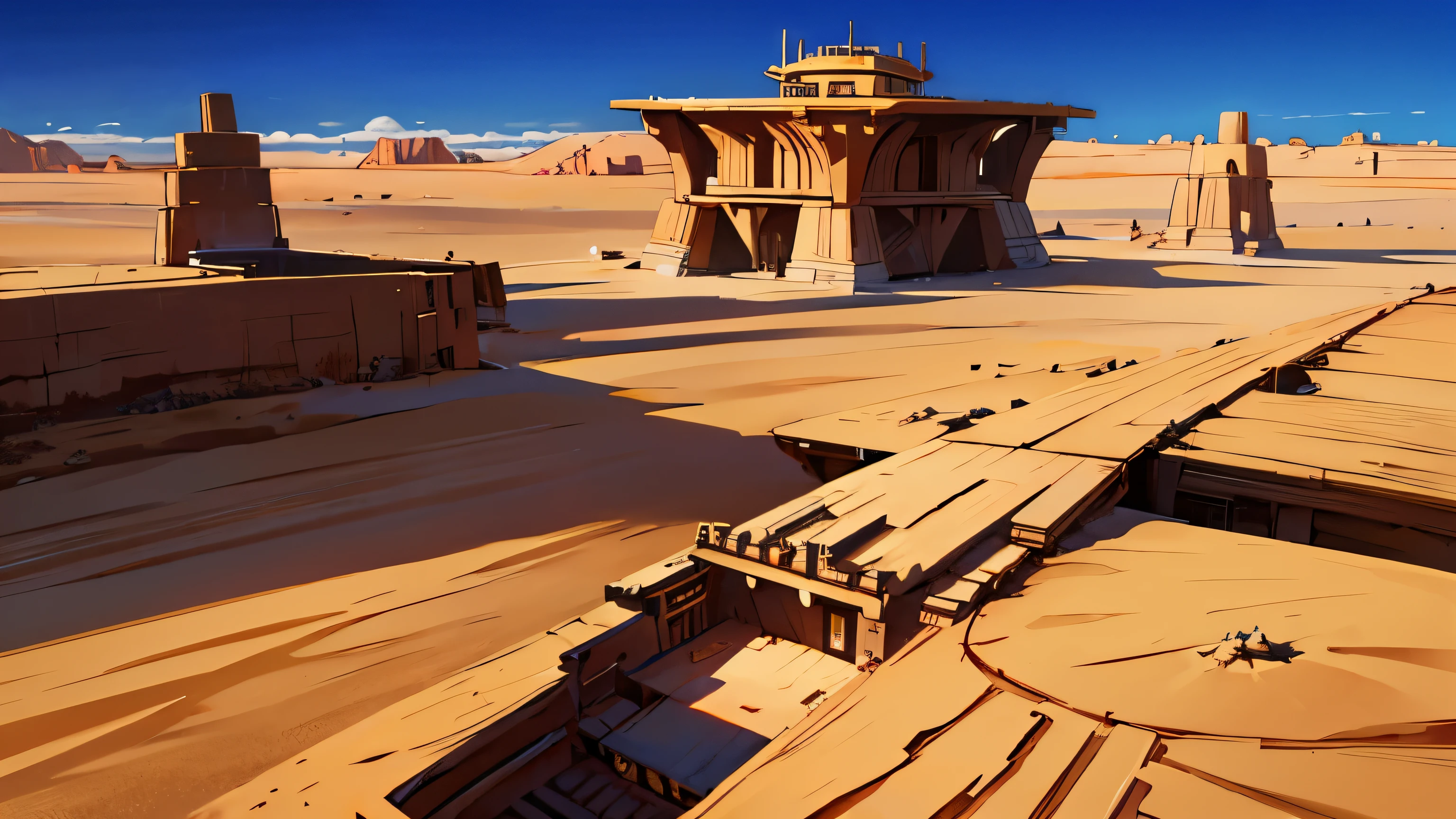 A extra wide desert with a lot of future building , Star wars style