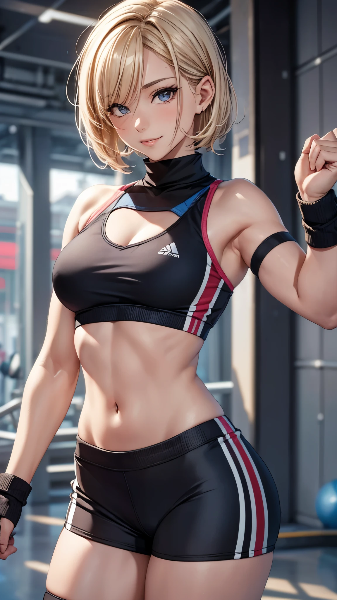 (best quality,4k,8k,highres,masterpiece:1.2),ultra-detailed,(realistic,photorealistic,photo-realistic:1.37),full body,beautiful detailed eyes,beautiful detailed lips,extremely detailed eyes and face,longeyelashes,lean and fit body,confident smile,energetic pose,attractive appearance,colorful background,vibrant colors,studio lighting,bokeh,female artist, girl,professional,blonde short bob hair,((forehead band)),aerobics instructor,grin,sweat,active lifestyle,sporty look,sports bra,shorts,((socks,race-up-long-boots)),flexible movements,slenderness body,shiny texture,sculpted figure,progressive fitness environment,positive attitude,healthy glow,fitness motivation,dedicated trainer