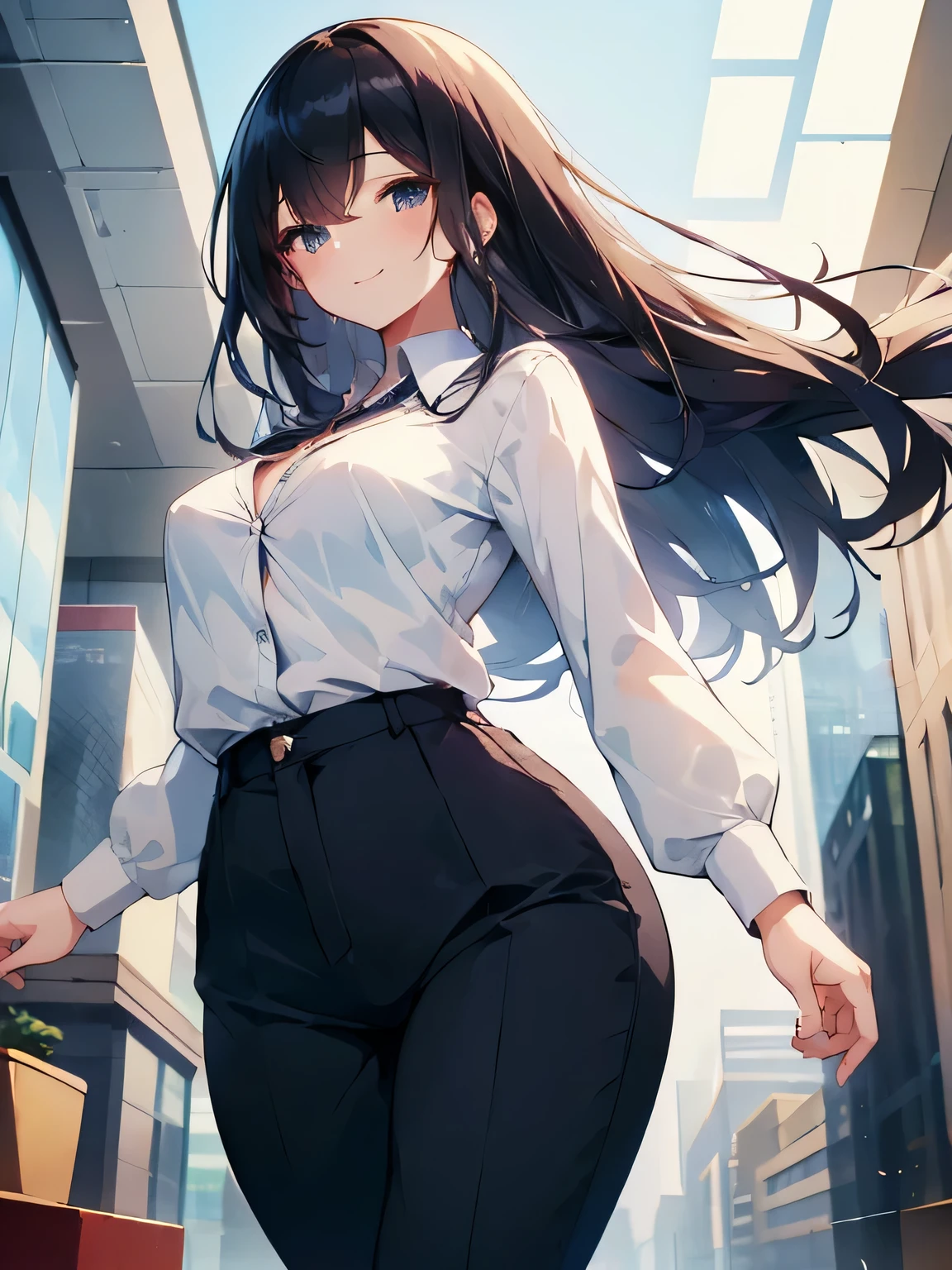 ((highest quality)), ((masterpiece)), ((High resolution)), ((Perfect Face)),office,Mature Woman,((Flat Chest)),business_blouse,Open collar,Chest turbulence,skinny pants,Medium_Straight Hair,Black Hair,Bangs,A confident smile,whole body,