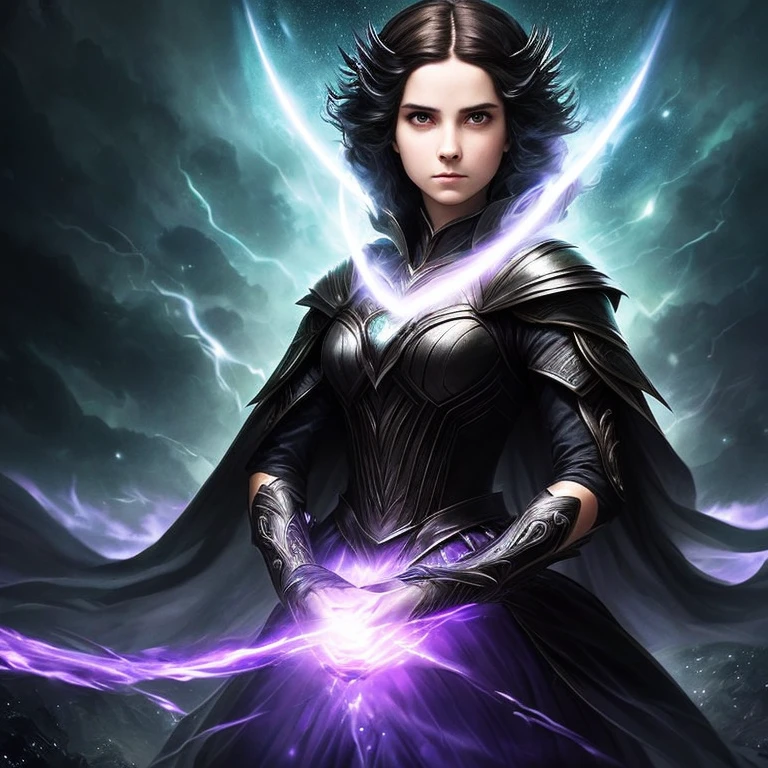 Ethereal Ghostly princess, mournful lady, malevolent, creature of the night, fighting in the battlefield casting a dark spell, dark energy aura, full figure portrait, three quarter wiew, masterpiece, 8k resolution, warp space background, Caravaggio art, digital art
