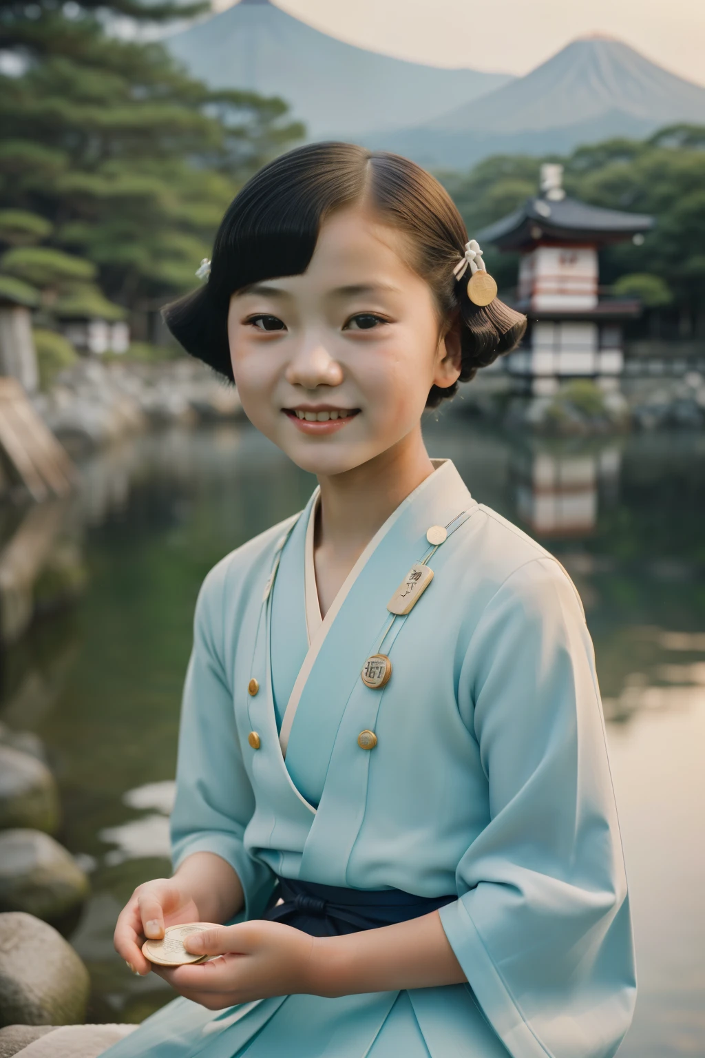 Kioto, 1931. A little ((((-yeld)) uri)), strikingly beautiful, delicate facial features, porcelain skin, expressive eyes, next to the river, holding a coin, ((hopefull smile)), ((((japanese girl clothings from the 1930s)))), ((hairstyle of the 1930s)), color