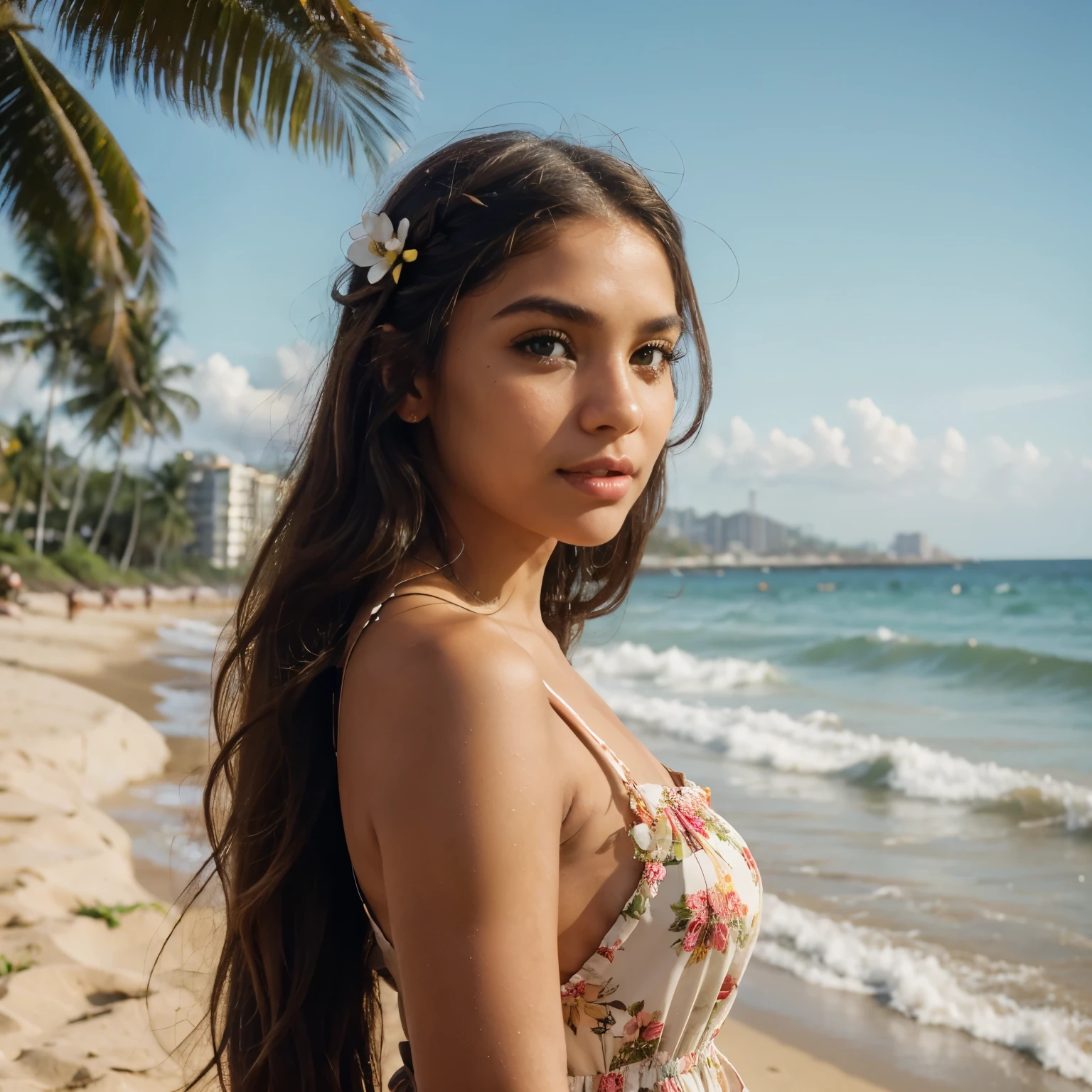 Gorgeous brazilian girl, latina, long straight brown hair with blonde highlights, tan skin, clear skin, full lips, beautiful round eyes, green eyes, red lips, lip piercing, cute soft nose, defined arched eyebrows, dark eyelashes, dark eye liner, flirty look, soft smile, wearing flower dress, flower sexy dress, flower on hair, on beach, brasil beach, brasil rio, sunny, front view, candid, distracted, full body picture, best lighting, natural light, best quality, best colors, ultra realism, highly detailed, 4k