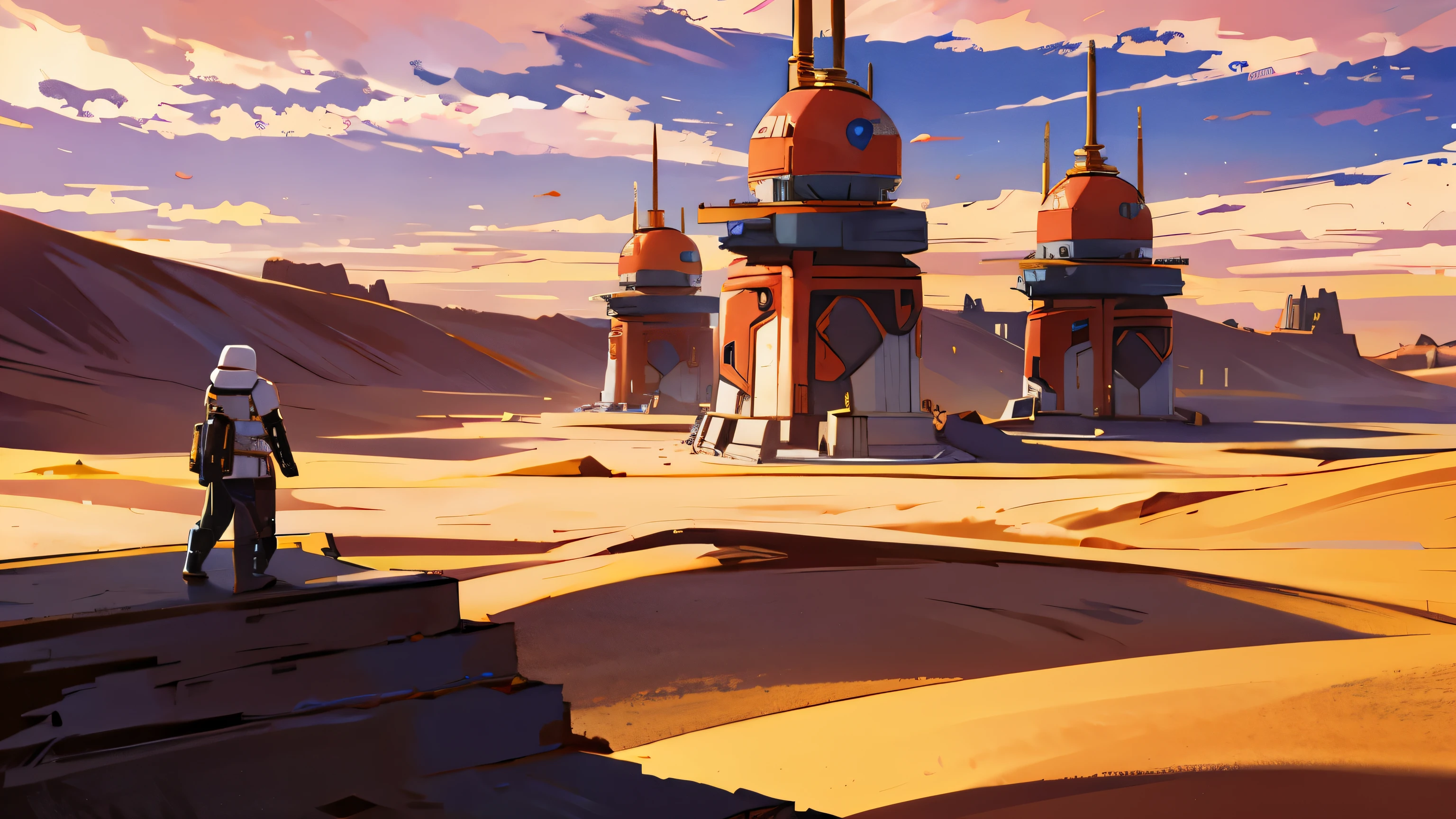 A very wide desert with a lot of future building , Star wars style