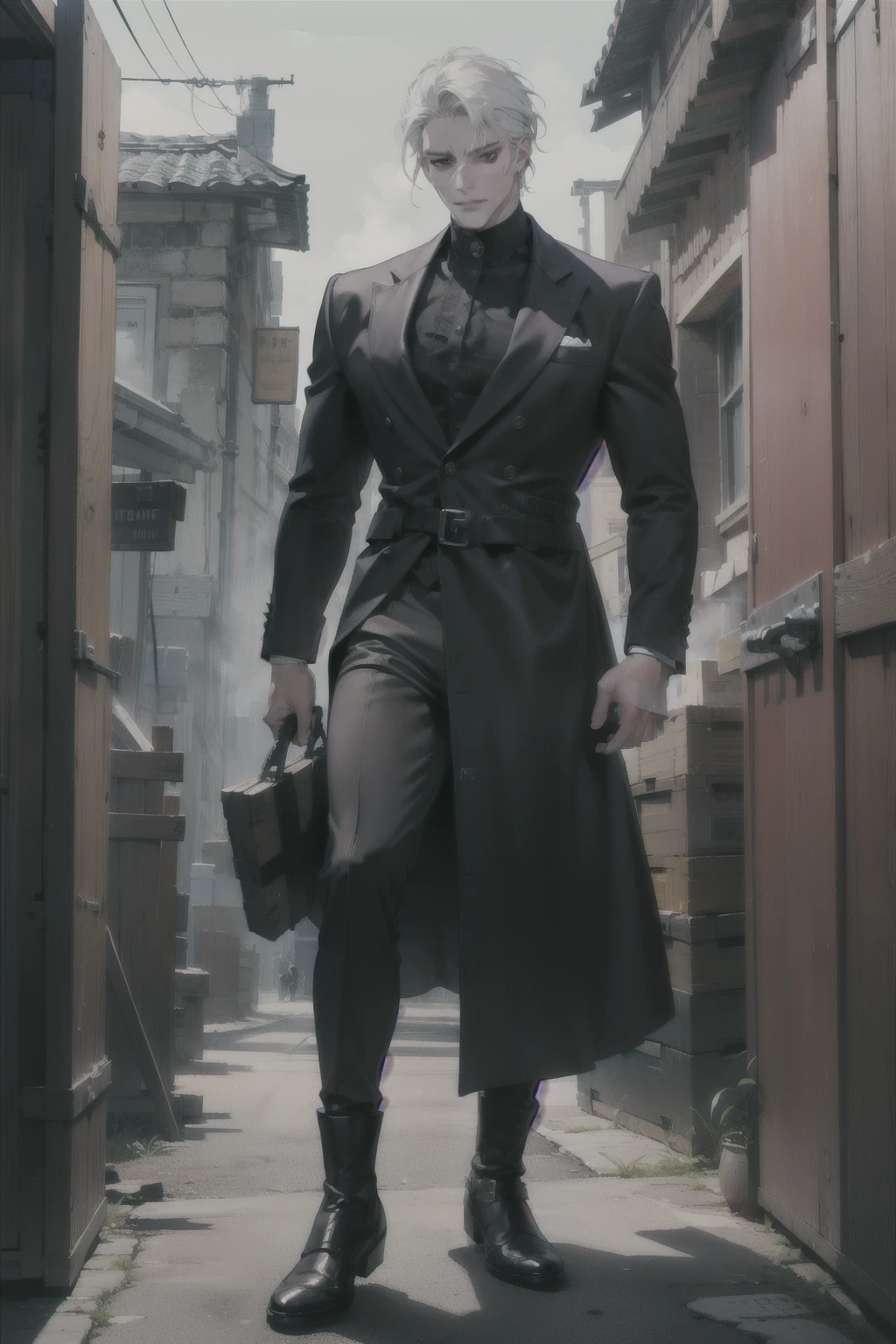 (masterpiece, best quality), (absurd res, high res, ultra detailed), 1 male, adult, handsome, tall muscular guy, broad shoulders, white hair, finely detailed eyes, portrait, looking at viewer, solo, half shot, detailed background, detailed face, (gothic), smirk, vampire, dark leather, high fantasy,, stealth, undercover, (crates in background), shadows, fog, (dutch angle), closed mouth, full body