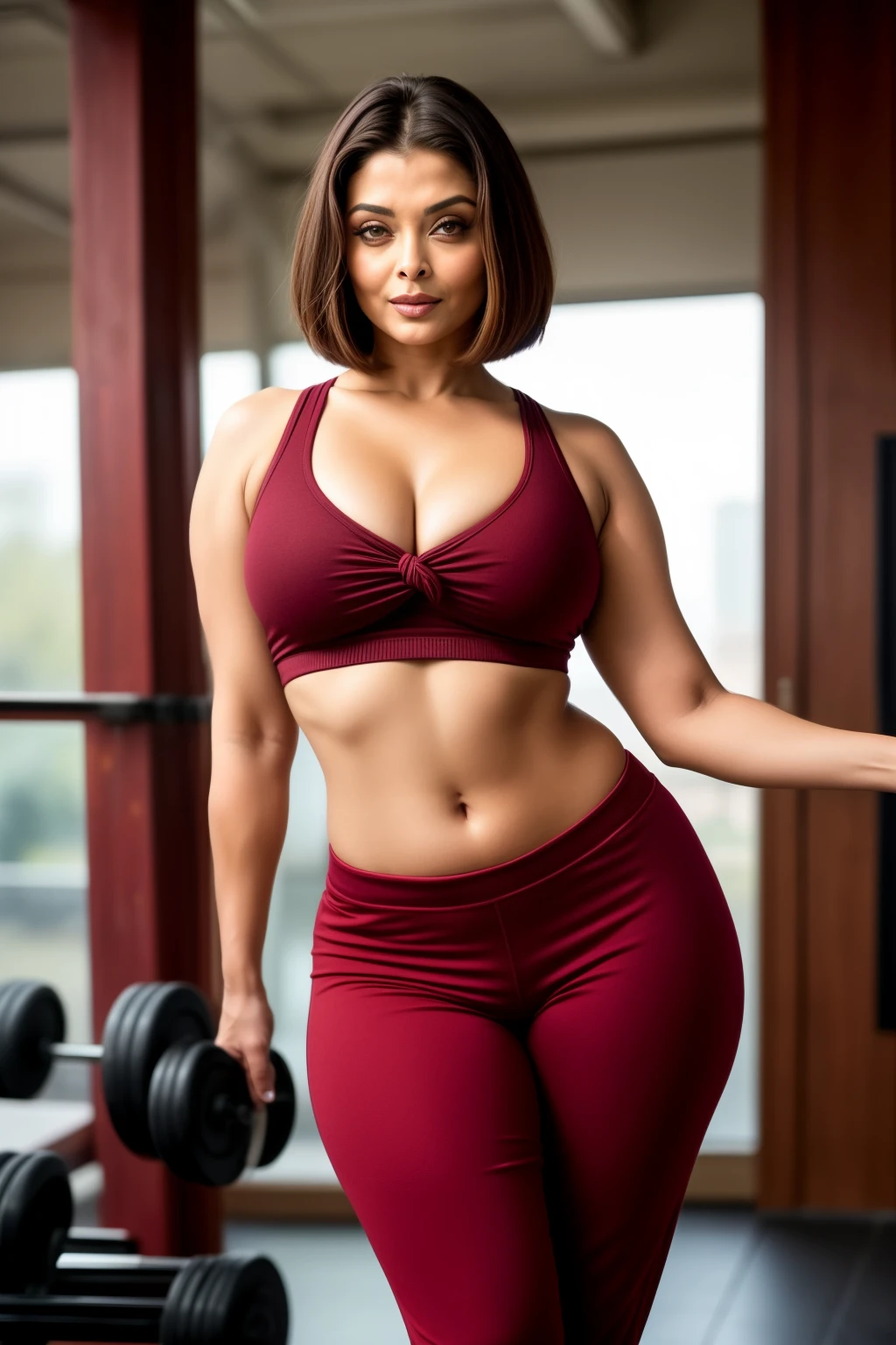 50YO MATURE MILF Aishwarya rai as milf model, tight maroon gym sweatpants, ankle high boots, red knotted short top, navel out, posing in all boys gym, day scene, mature hourglass figure, massive cleavage show, look at camera and smirk, ((bob cut hair)), sexy 50yo MILF, soft volumetric lights, intricate details, (ArtStation:1.2)