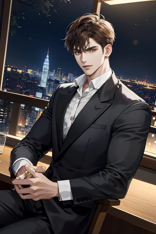 (hoang lap, k hd, ultra - detailed), (1male people, Single, AS-Adult,  mature:1.4, Idade:1.4, young, Tall muscular man, Handsome), Very short hair, brunette color hair, Hair oil, with brown eye,(Pointed chin:1.4,Thick neck:1.4,),Break,Night,Dark,Look at the night view of the city through the large window,formal outfit,tiese,full bodyesbian,