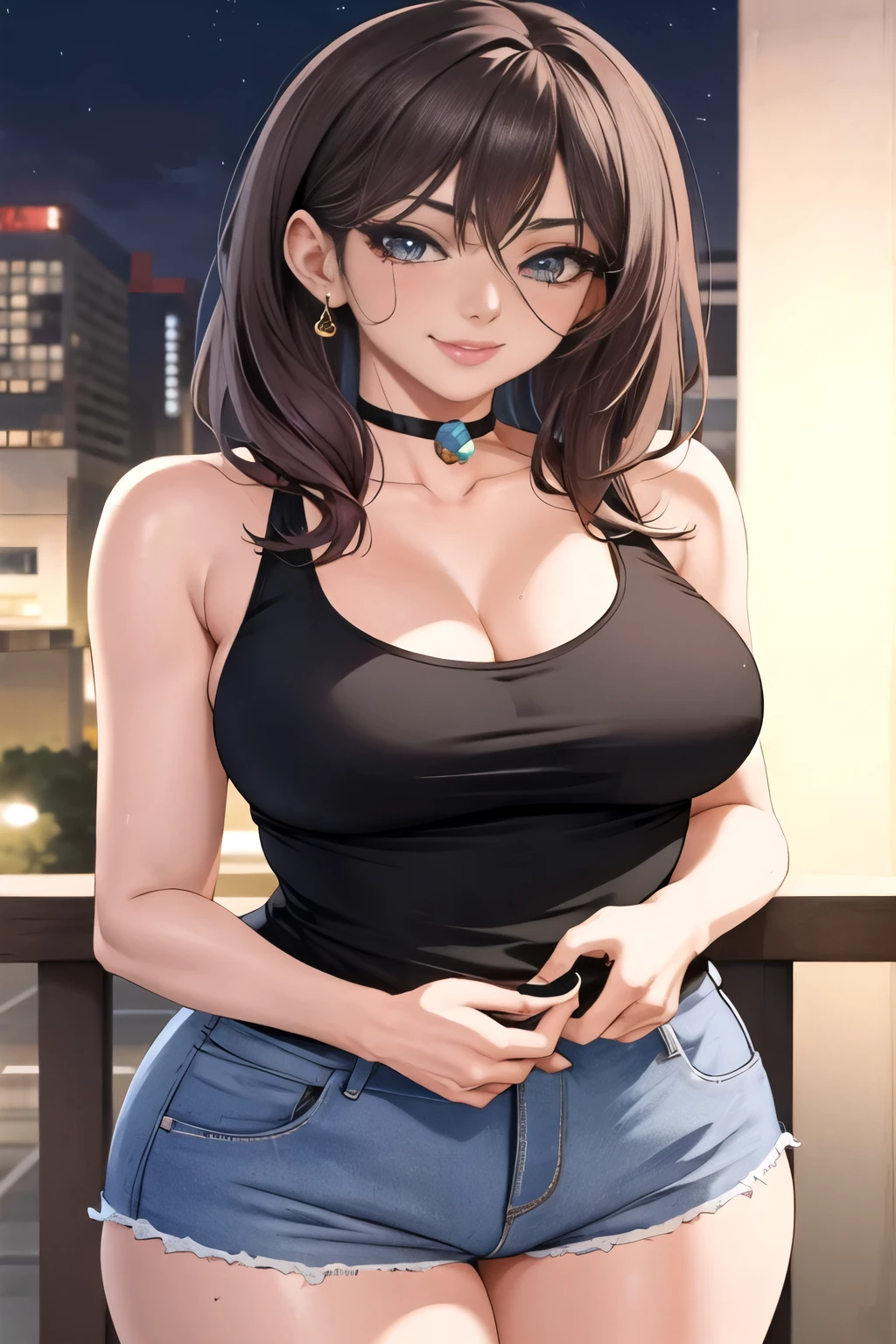 A woman wearing a black shirt and blue pants is standing on the balcony, Seductive anime girl, Attractive anime girl, Anya is from the Spy X family, Beautiful seductive anime woman, She is wearing a black tank top, Pin on anime, Smooth CG animation art, Anime girl wearing a black dress, Beautiful seductive anime teen, thicc, Opai, Realistic 3D anime style