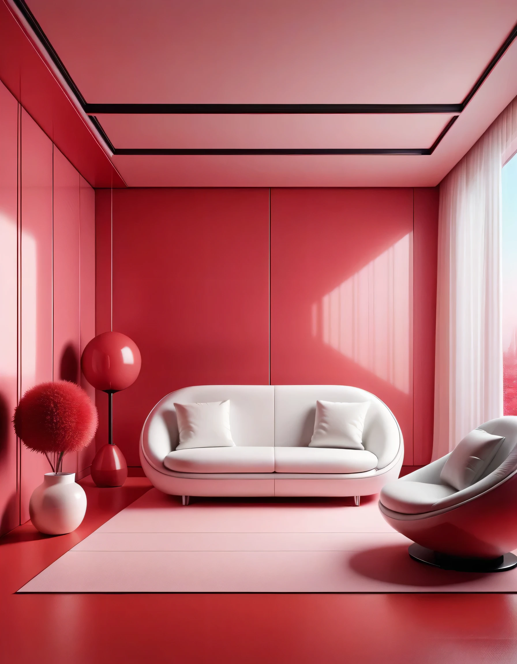 arafed room with a white couch and a red wall, elegant interior, futuristic room, futuristic interior, living room interior, in style of 3d render, red interior, modern living room, retro futuristic apartment, futuristic looking living room, warm pink living room, lounge room, brightly lit pink room, an interior of room, interior of a living room, interior background