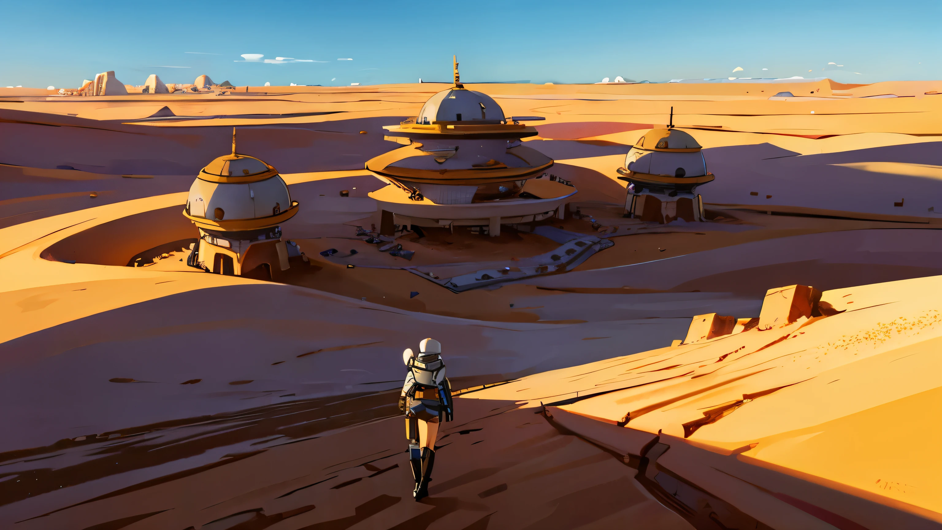 A desert with a lot of future building , Star wars style