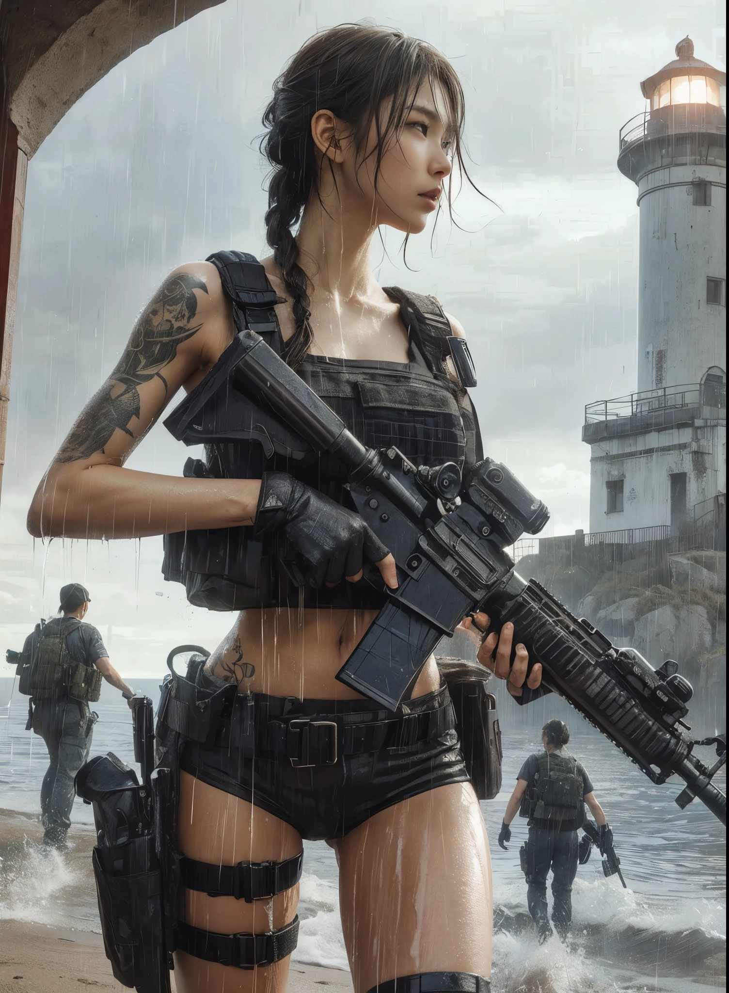 (best quality,8k,realistic,photorealistic:1.2),realistic skin texture,beautiful Japanese-American Navy SEALs female member,assault rifle,assault team,lighthouse on a cliff overlooking a cove,storming in,cap,braided hair,military pants,boots,dynamic pose,tattoo,drenched in heavy rain,rainwater streaming down the face,toned physique,muscles,anger,daring composition,Portraits,cool color tones,dramatic lighting.