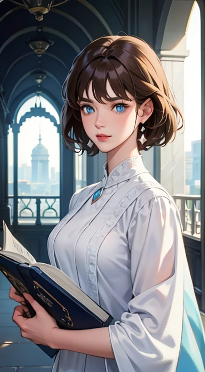 kk, best quality, more details, masterpiece, 1 girl, portrait, female focus, blue eyes like diamonds, solo, bangs, look at the viewer, frilly shirt, short hair, (((fantasy city, palace))), highlights, holding a magic spell book, brown hair, wavy, luxurious, 8k, detailed, ray tracing, depth of field, cinematic lighting,