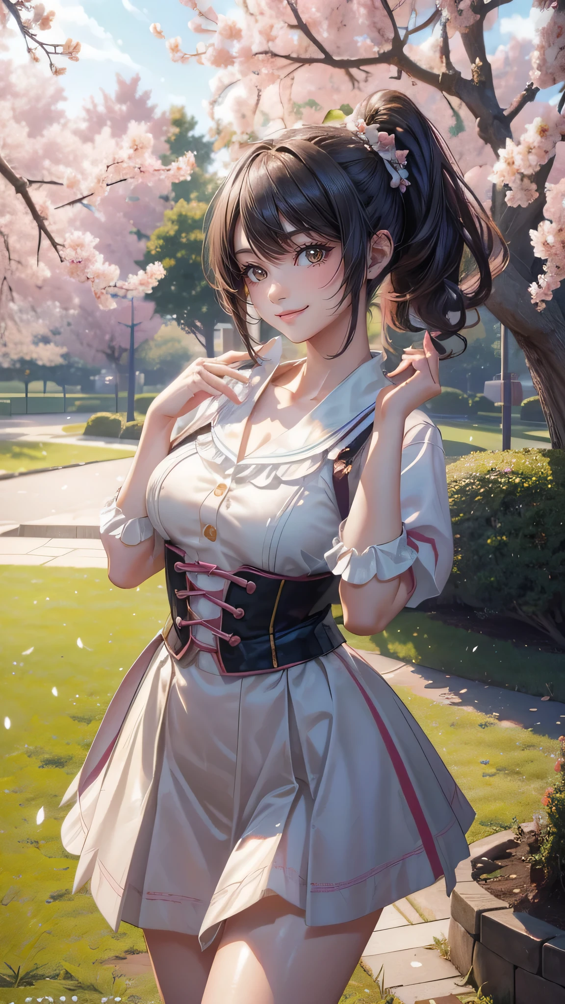A park where cherry blossoms dance,high school girl,(random pose),(random hairstyle),(Highest image quality,(8K), Ultra-realistic, Best Quality, High quality, High Definition, high quality texture, high detailing, Beautiful detailed, fine detailed, extremely details CG, Detailed texture, realistic representation of face, masterpiece, presence)
