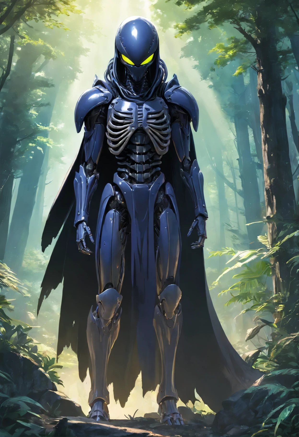 there is a skeleton knight that is standing in a forest, movie still of a alien cyborg, endoskeleton, giger's biomechanical xenomorph, terminator skeleton, noriyoshi ohrai masterpiece, stan winston, by Noriyoshi Ohrai, stephen youll, cyber skeleton, portrait of a cyber skeleton, giger ’ s xenomorph hyper-realistic portrayal of a homeless draped in a striking black cloak, standing amidst a landscape of rugged terrain. Render every fold and texture of the fabric with meticulous detail, capturing the interplay of light and shadow as it cascades over the knight's form. The armor should gleam with a lustrous sheen, reflecting the surrounding environment with stunning clarity. Incorporate subtle imperfections and weathering to add depth and authenticity to the scene, immersing the viewer in a world where every scratch and scuff tells a story of battles fought and victories won. This hyper-realistic depiction should transport viewers to a realm where the line between fantasy and reality blurs, leaving them in awe of the knight's strength