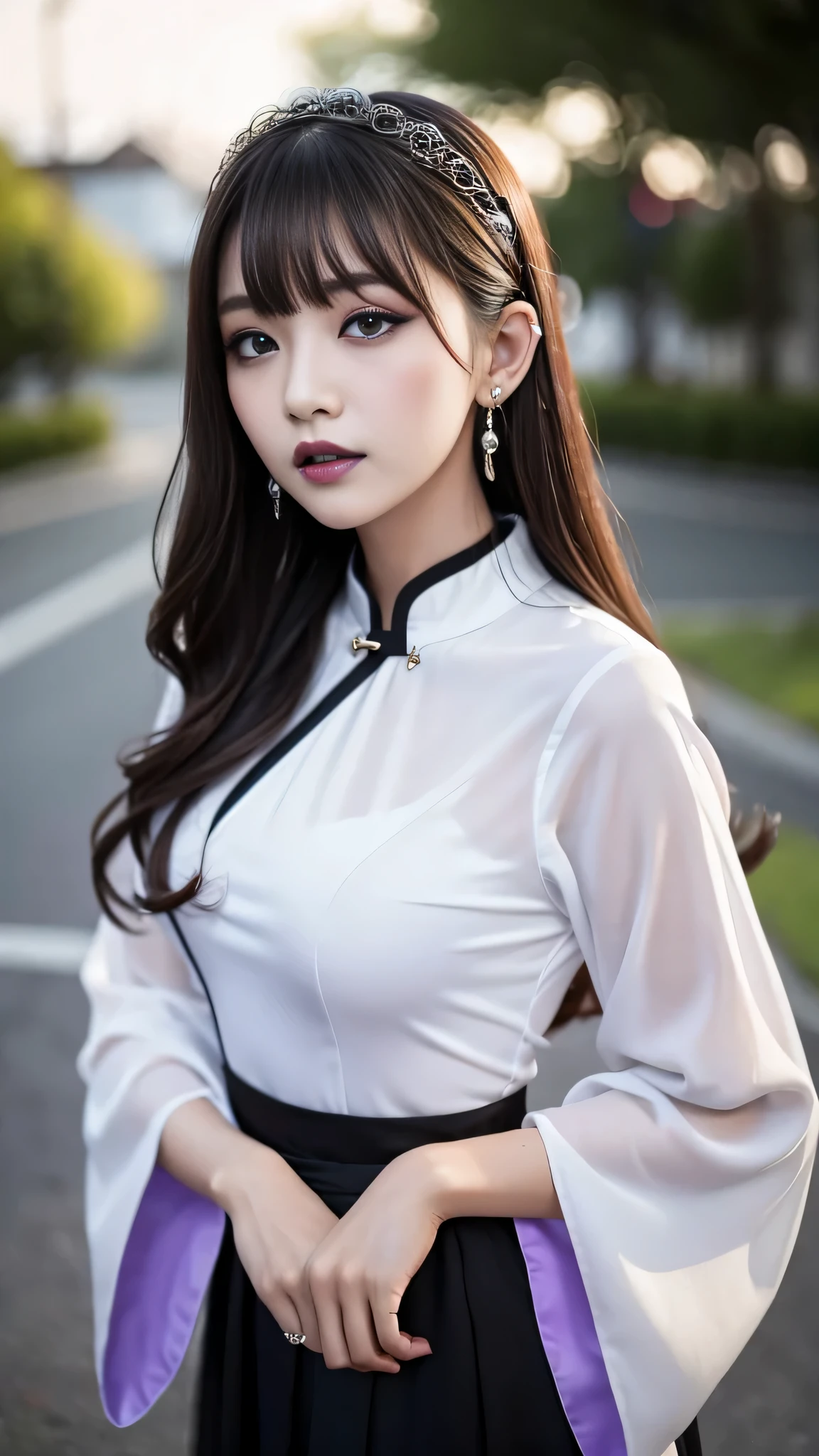 tra-detailed、Japanese、Attractive beauty、seductive adult woman、Pretty Woman、cool girl、brown hair、wavy hair、swept bangs、piercing eyes、hollow eyes、half-closed eyes、Hollow Eyes、Purple Eyeshadow、black lipstick、black lip gloss、dark makeup、smirk、Whisper in my ear、Evil expression、Long Black Cheongsam、Wide sleeves、Evil cadres、Fallen into evil、brainwash、mind control、evil、Church at night、Swear allegiance、
