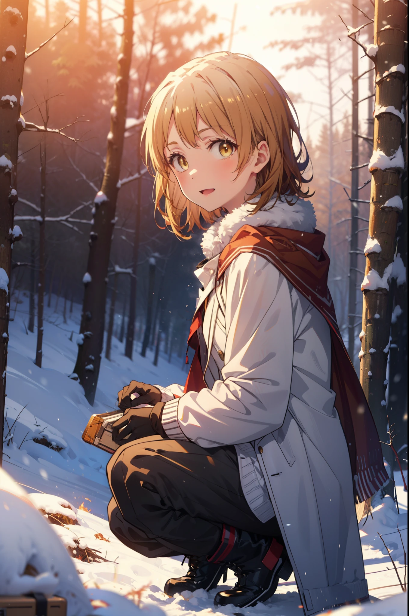 irohaisshiki, iroha isshiki, short hair, brown hair, (Brown eyes:1.5), smile,
Open your mouth,snow, fire, Outdoor, boots, snowing, From the side, wood, suitcase, Cape, Blurred, Food up, forest, gloves, nature, Brown eyes, red gloves, Squat, Mouth closed, フードed Cape, winter, Written boundary depth, Black shoes, red Cape break looking at viewer, Upper Body, whole body, break Outdoor, forest, nature, break (masterpiece:1.2), highest quality, High resolution, unity 8k wallpaper, (shape:0.8), (Fine and beautiful eyes:1.6), Highly detailed face, Perfect lighting, Highly detailed CG, (Perfect hands, Perfect Anatomy),