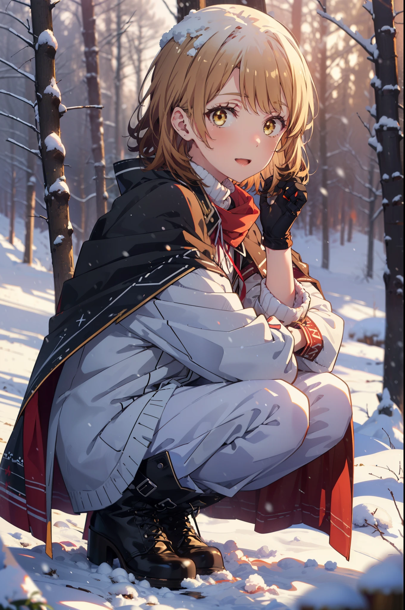 irohaisshiki, iroha isshiki, short hair, brown hair, (Brown eyes:1.5), smile,
Open your mouth,snow, fire, Outdoor, boots, snowing, From the side, wood, suitcase, Cape, Blurred, Food up, forest, gloves, nature, Brown eyes, red gloves, Squat, Mouth closed, フードed Cape, winter, Written boundary depth, Black shoes, red Cape break looking at viewer, Upper Body, whole body, break Outdoor, forest, nature, break (masterpiece:1.2), highest quality, High resolution, unity 8k wallpaper, (shape:0.8), (Fine and beautiful eyes:1.6), Highly detailed face, Perfect lighting, Highly detailed CG, (Perfect hands, Perfect Anatomy),
