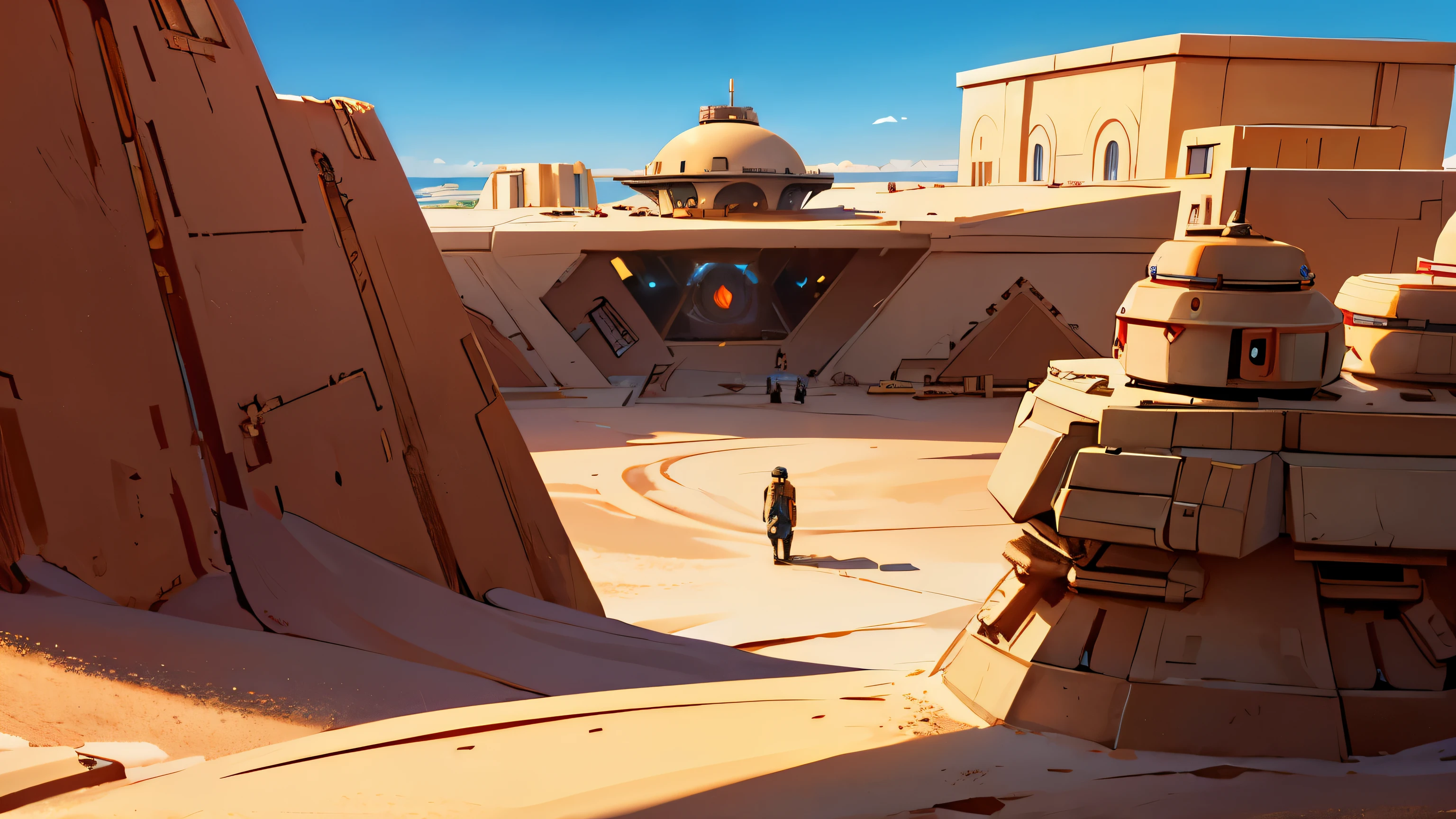 A desert with a lot of future building , Star wars style