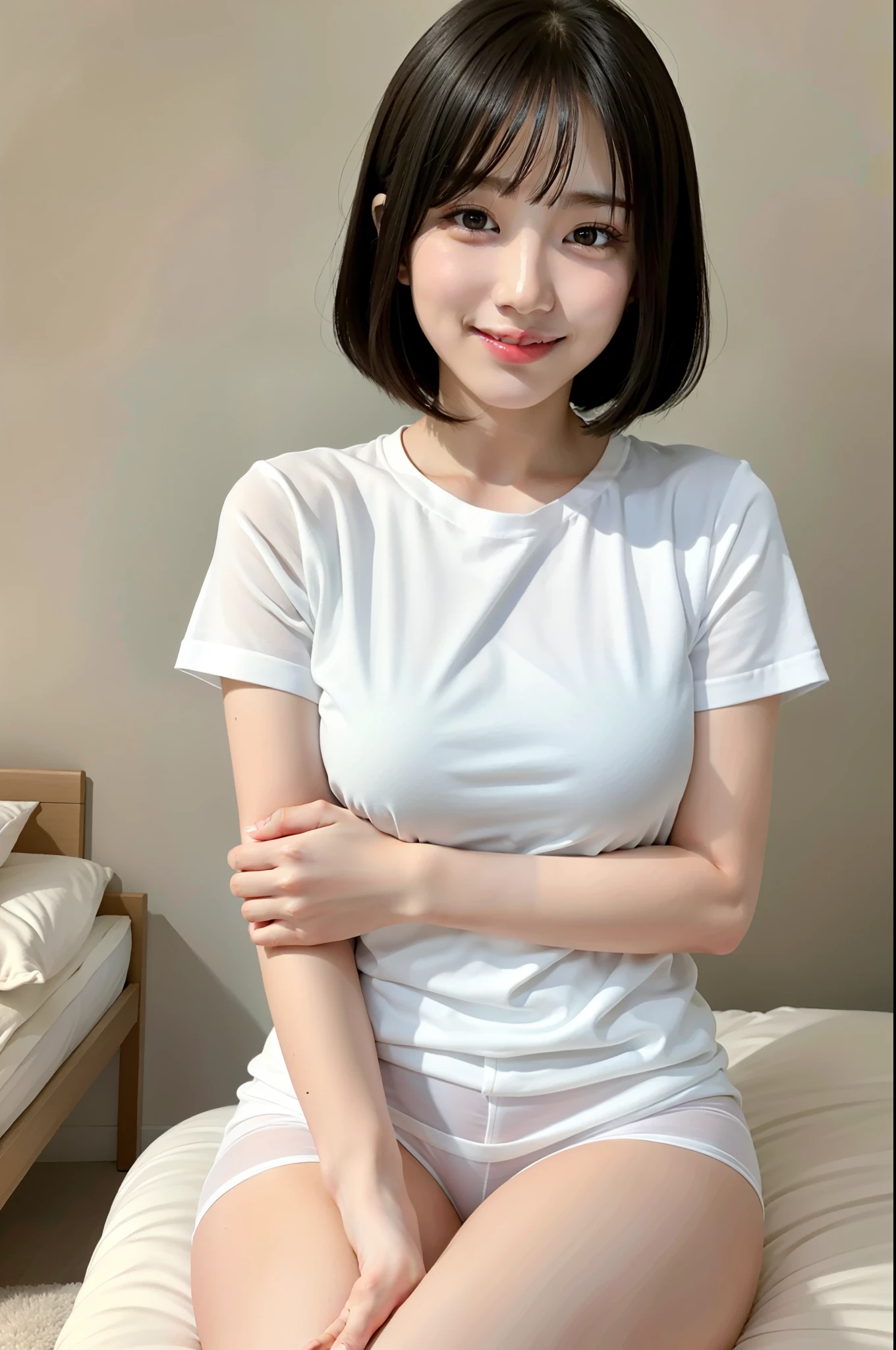 See-through white underwear、On the bed、Women are Japanese、18-year-old、Short straight hair、Black Hair、masterpiece、highest quality、Official Art、Highly Detailed CG Wallpaper in Unity 8K、Like a 、Very delicate and beautiful、Ultra-high resolution、(Photorealistic:1.4)、(bulging eyes)、Looking at the audience、Facing forward、Laughing