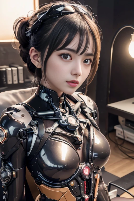 (masterpiece, best quality:1.2), (8k uhd, 16k, 32k, ultra high res), (photorealistic:1.2), (RAW photo), 1 Mechanical Girl, (super realistic details), Glossy skin, Mechanical limbs, Tubes connected to mechanical parts, Mechanical vertebrae, japanese girl, ultimate-cute face, ultimate-RAW skin, ultimate-realistic eyes,  Mechanical cervical attachment to the neck, Wires and cables connecting to the head. Evangelion, Ghost in the Shell, Small glowing LED lamp, global lighting, Deep Shadows, Octane Rendering, 8K, ultrasharp, Metal, Intricate decoration details, Baroque style details, high intricate detailed, Realistic light, Trends in CG, Facing the camera, neon details, sitting pose (android factory on background).