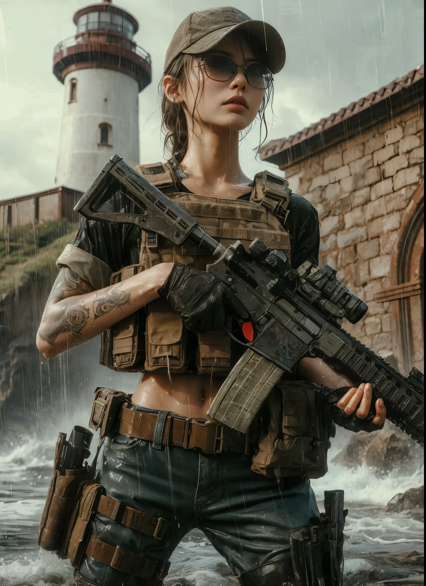 (best quality,8k,realistic,photorealistic:1.2),realistic skin texture,beautiful Japanese-American Navy SEALs female member,assault rifle,assault team,lighthouse on a cliff overlooking a cove,storming in,cap,braided hair,military pants,boots,dynamic pose,tattoo,drenched in heavy rain,rainwater streaming down the face,toned physique,muscles,anger,daring composition,Portraits,cool color tones,dramatic lighting.