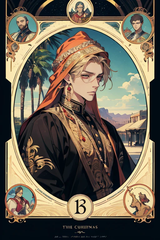 (absurdres, highres, ultra detailed), 1 male, adult, handsome, tall muscular guy, broad shoulders, finely detailed eyes and detailed face, the fool \tarot\, desert, camel, middle eastern clothes, Symbolism, Visual art, Occult, Universal, Vision casting, Philosophical, Iconography, Numerology, Popularity, Artistic, Alfons Mucha