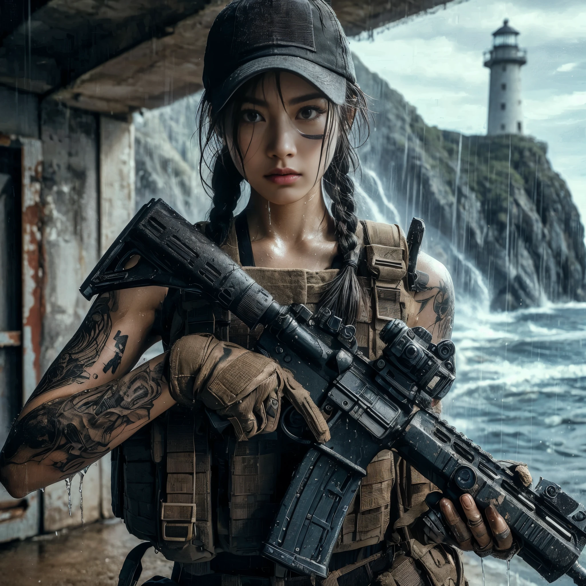(best quality,8k,realistic,photorealistic:1.2),realistic skin texture,beautiful Japanese-American Navy SEALs female member,assault rifle,assault team,lighthouse on a cliff overlooking a cove,storming in,cap,braided hair,military pants,boots,dynamic pose,tattoo,drenched in heavy rain,rainwater streaming down the face,toned physique,muscles,anger,daring composition,Portraits,cool color tones,dramatic lighting.