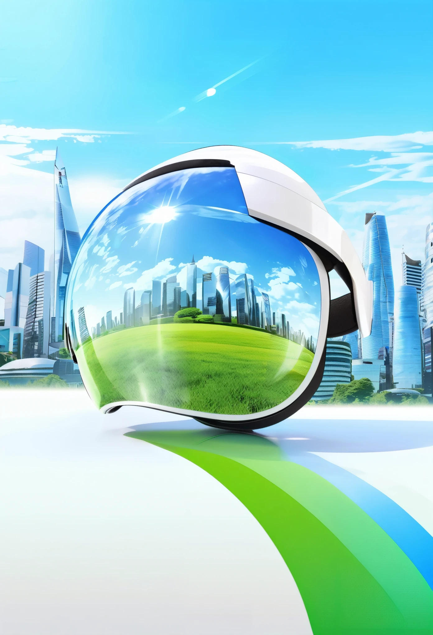 (best quality,4k,highres,masterpiece:1.2),ultra-detailed,(realistic,photorealistic,photo-realistic:1.37), Ad for virtual reality, Frutiger Aero aesthetic art with complex geometric 2D shapes, sunny blue sky, green field, futuristic background buildings, glossy material, virtual reality helmet, morphing water, Futuristic, shades of white and blue, light background, highly detailed, 4K.