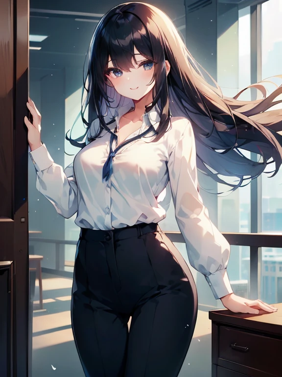 ((highest quality)), ((masterpiece)), ((High resolution)), ((Perfect Face)),office,Mature Woman,((Flat Chest_1.5)),business_blouse,Open collar,Chest turbulence,skinny pants,Medium_Straight Hair,Black Hair,Bangs,A confident smile,whole body,