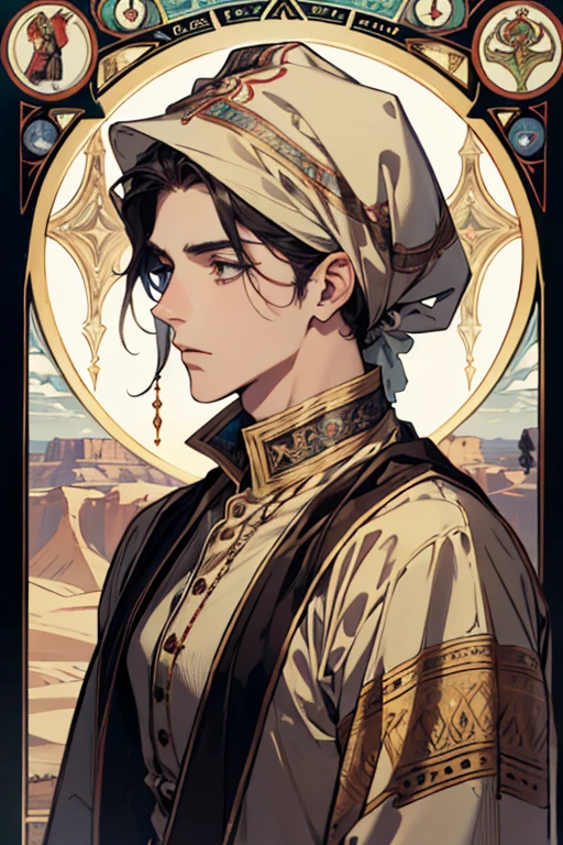 (absurdres, highres, ultra detailed), 1 male, adult, handsome, tall muscular guy, broad shoulders, finely detailed eyes and detailed face, the fool \tarot\, desert, camel, middle eastern clothes, Symbolism, Visual art, Occult, Universal, Vision casting, Philosophical, Iconography, Numerology, Popularity, Artistic, Alfons Mucha
