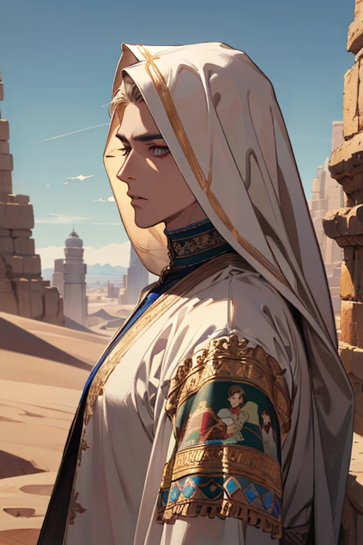 (absurdres, highres, ultra detailed), 1 male, adult, handsome, tall muscular guy, broad shoulders, finely detailed eyes and detailed face, the fool \tarot\, desert, camel, middle eastern clothes, Symbolism, Visual art, Occult, Universal, Vision casting, Philosophical, Iconography, Numerology, Popularity, Artistic, Alfons Mucha