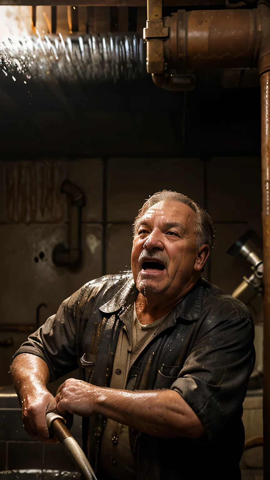 (high quality, Photo Realism) basement, hundreds of different rusty pipes, water gushes from pipes, hot steam is coming, Lots of water, in the foreground is an old grandfather with a crazy face, mouth wide open, turns the water tap with a huge sledgehammer, and screams loudly, boiling water pours over him, many water pipes