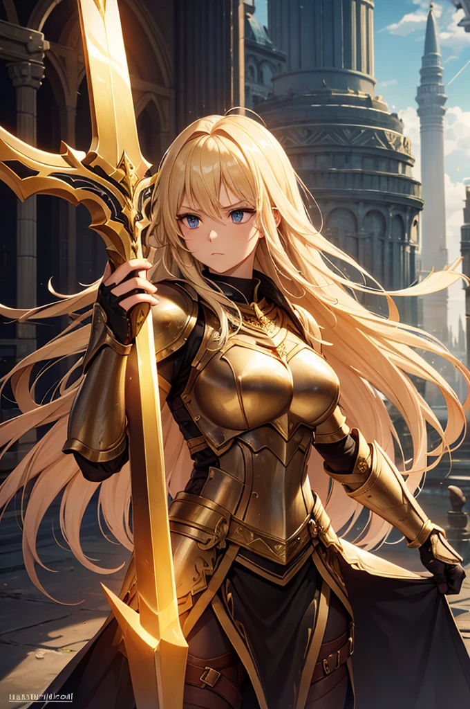 warrior woman, beautiful, best graphics, soft lighting, golden hair, glaive in both hands, holy light shining all around, leather armor, modest, exhausted