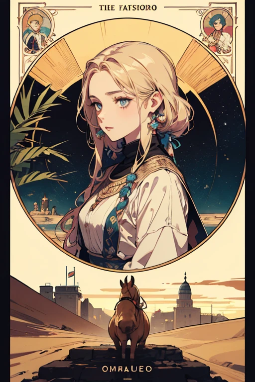 (absurdos, high resolution, ultra detalhado), 1 homem, adulto, bonito, cara alto e musculoso, ombros largos, olhos finamente detalhados e rosto detalhado, O bobo \tarot\, deserto, camel, Middle Eastern clothing, simbolismo, arte visual, Oculto, universal, Vision casting, philosophical, iconografia, numerologia, Popularidade, artistic, Alfons Mucha