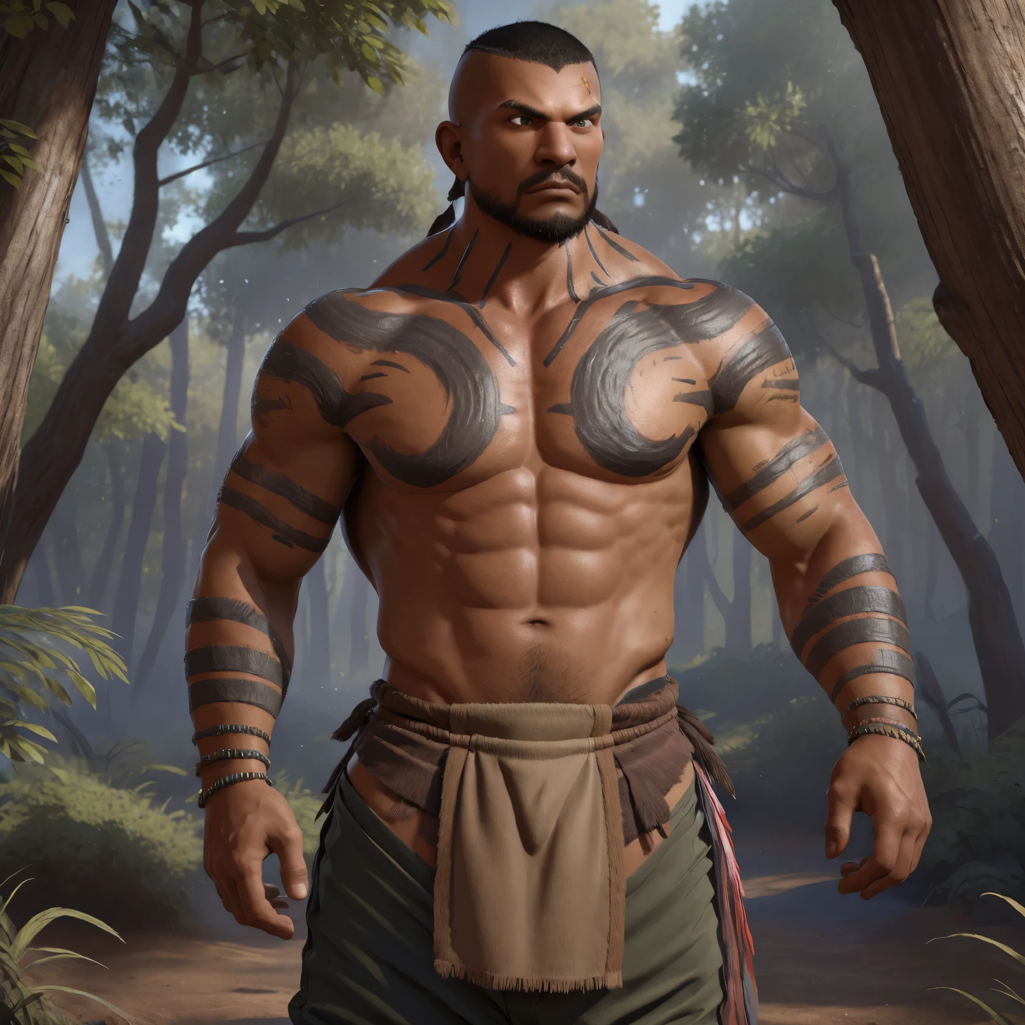 hyperrealistic, (masterpiece), high details, ultra-realistic, ((octan light)), sunshine, 32k, | high resolution, photo-realistic, ultra clear, bokeh, high detail iconic character, highly detailed character, unreal engine, 8k, | solo, front view, looking at viewwer, , an exaggeratedly muscular and large bodyguard, beefy build, (huge pectoral), beard, dark-skinned african american male, very short buzzcut hair with square line, (worried expression: 1.2), ((wearing tribal warrior attire, tribal pants, loincloth): 1.5), (bara pecs: 1.3), (arm and chest hair: 1.1), portrait HD, dutch angle, (forest)