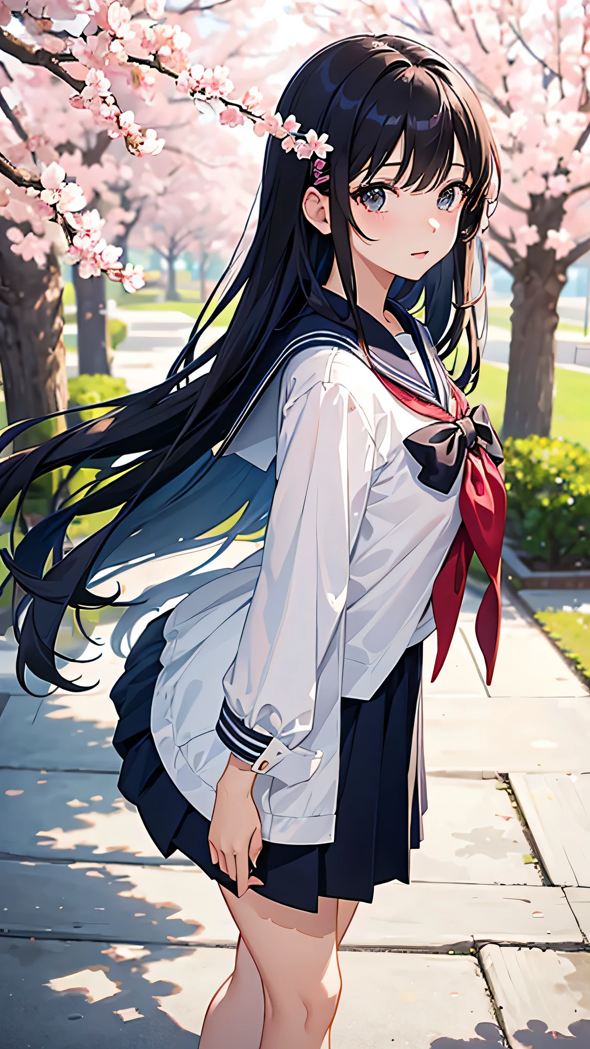 Create an 8k anime-style masterpiece, a portrait of pure elegance and vibrancy, showcasing a female high school student in a classic sailor uniform. The illustration captures her in a traditional Japanese sailor suit, with a crisp white blouse and a contrasting navy collar and skirt. The setting is a lively spring scene beneath a row of cherry blossoms at her school, where she's depicted walking and chatting cheerfully with friends. Every detail, from the soft folds of her uniform to the delicate pink petals of the sakura trees, is rendered with the highest quality and ultra-detailed depiction, creating a scene that’s both beautifully nostalgic and full of the joyous energy of youth.