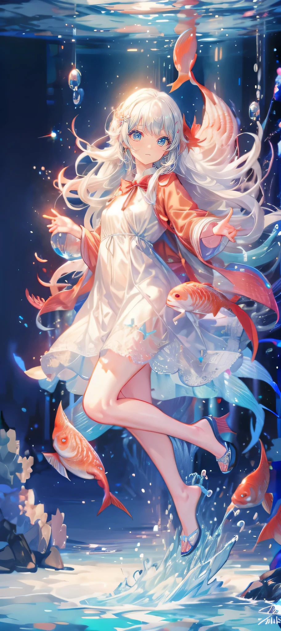 (Piece Fly), (best quality), Very detailed, 1 girl, perfect face, (Full body photo of the individual:1.3), Very detailed顔，(White hair and super long hair:1.5)，(blue eyes:1.4)，(In the water:1.4)，(White Dress:1.5)，ocean，Small schools of fish，Light，bubble，jellyfish，Ocean algae，Deep Ocean，fantasy，Ocean Bottom，float，(Redfish，of fish:1.4)，(Smile:1.3)