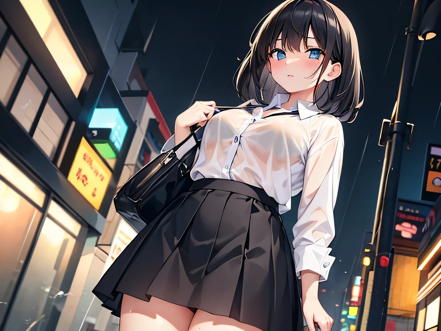 (Masterpiece, top quality, high resolution, realistic photo, realistic looking skin:1.1),
(Woman standing in the rain: 1.8),
(woman's collared shirt is wet from the rain and her bra is showing through: 1.8),
(blushing and embarrassed:1.5),
(She is wearing a white collared shirt and a black mini-skirt:1.8),
(She is wearing a white bra and white panties:1.8),
(She is carrying a business bag:1.8),
(She has medium black hair:1.5),
(Location is downtown at night where there are many bars: 1.5),
1 Japanese girl, solo, full bodied esbian, beautiful eyes, glowing eyes, glowing thighs, NSFW