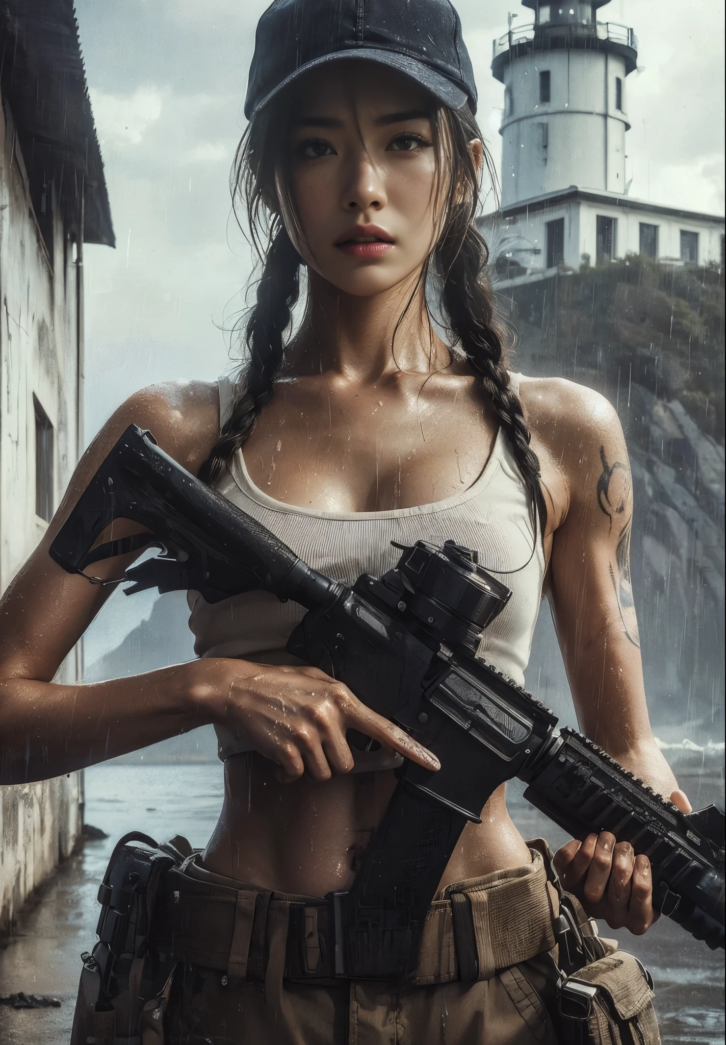 (best quality,8k,realistic,photorealistic:1.2),realistic skin texture,beautiful Japanese-American Navy SEALs female member,assault team,lighthouse on a cliff overlooking a cove,storming in,cap,braided hair,military pants,boots,dynamic pose,tattoo,drenched in heavy rain,rainwater streaming down the face,toned physique,muscles,seductive,daring composition,Portraits,cool color tones,dramatic lighting, naked breasts, perfect medium sized , posing, sexy, naked naughty 