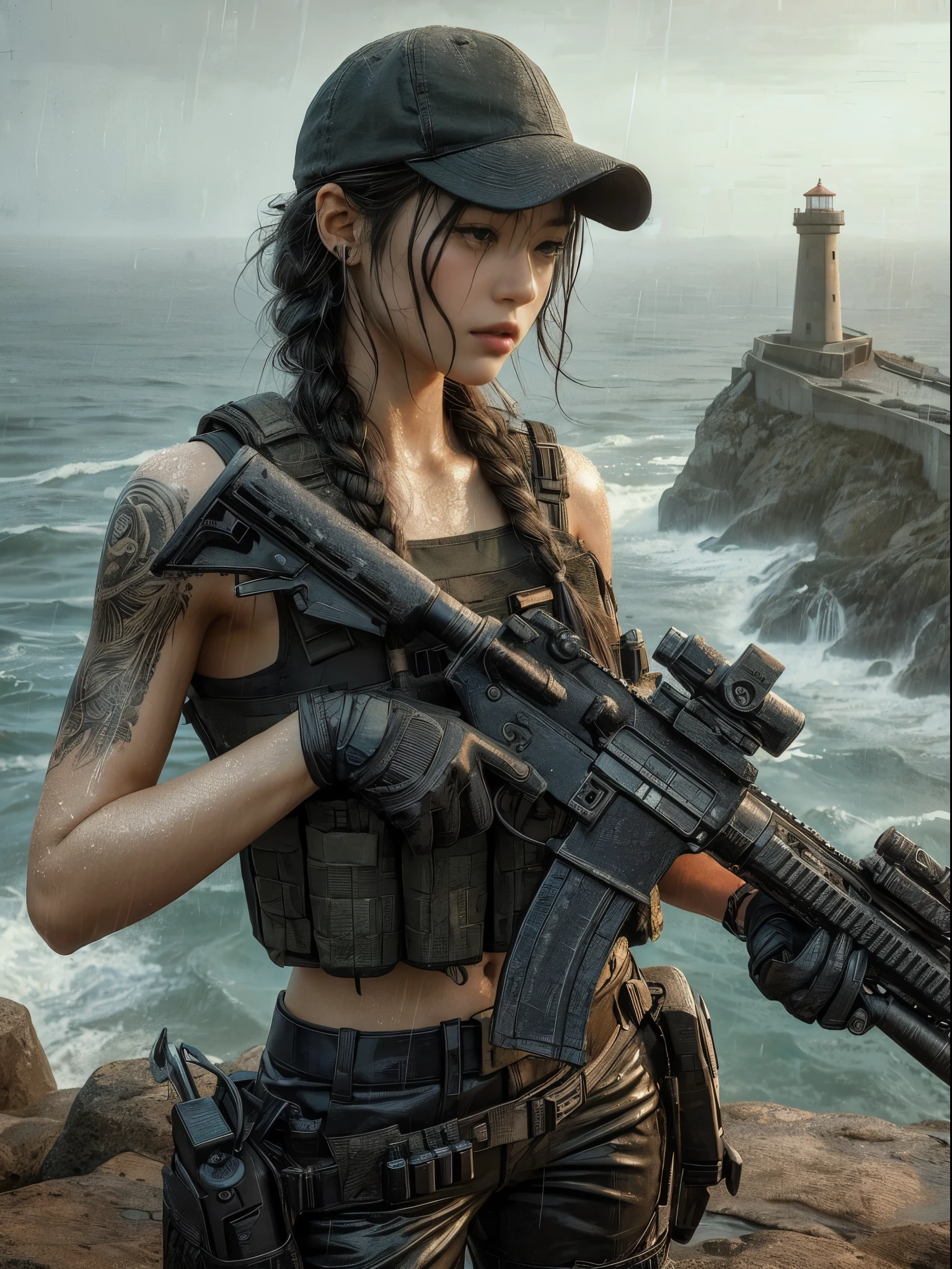 (best quality,8k,realistic,photorealistic:1.2),realistic skin texture,beautiful Japanese-American Navy SEALs female member,assault rifle,assault team,lighthouse on a cliff overlooking a cove,storming in,cap,braided hair,military pants,boots,dynamic pose,tattoo,drenched in heavy rain,rainwater streaming down the face,toned physique,muscles,anger,daring composition,Portraits,cool color tones,dramatic lighting.