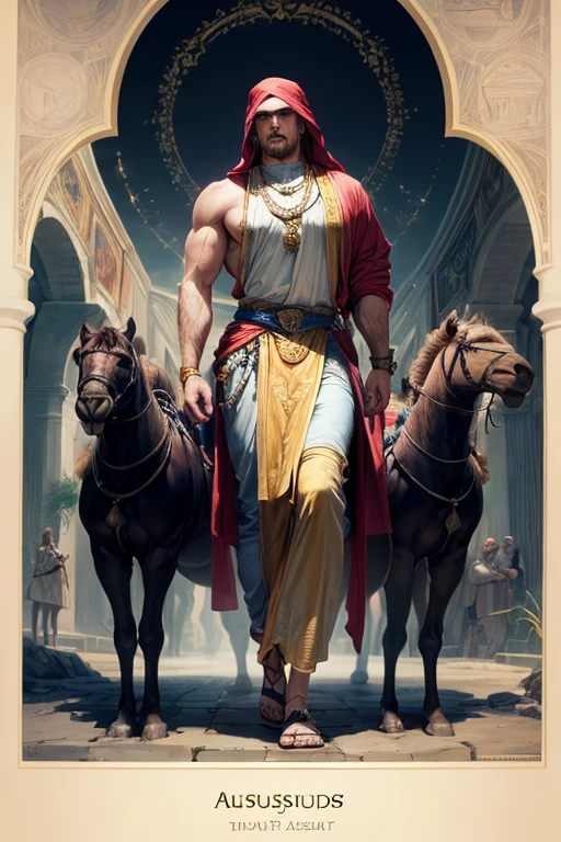 (absurdres, highres, ultra detailed), 1 male, adult, handsome, tall muscular guy, broad shoulders, finely detailed eyes and detailed face, the fool \tarot\, desert, camel, middle eastern clothes, Symbolism, Visual art, Occult, Universal, Vision casting, Philosophical, Iconography, Numerology, Popularity, Artistic, Alfons Mucha